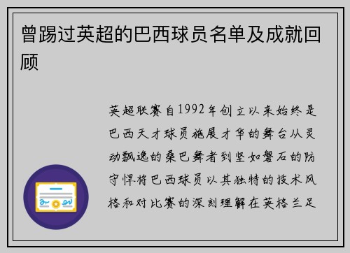 曾踢过英超的巴西球员名单及成就回顾